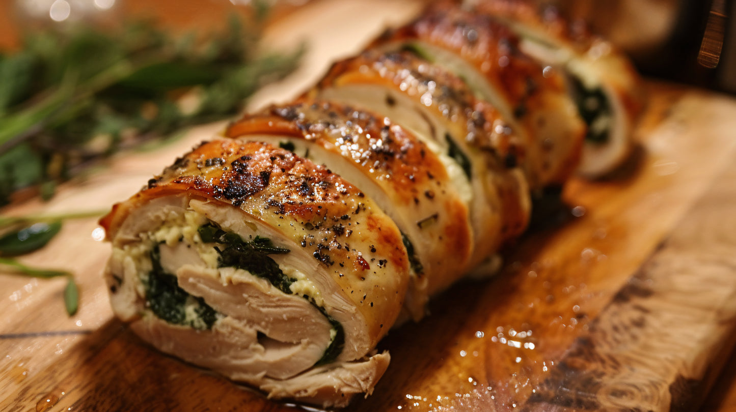 Premium Chicken Ballotine Filled with Spinach, Feta and Pine Nuts